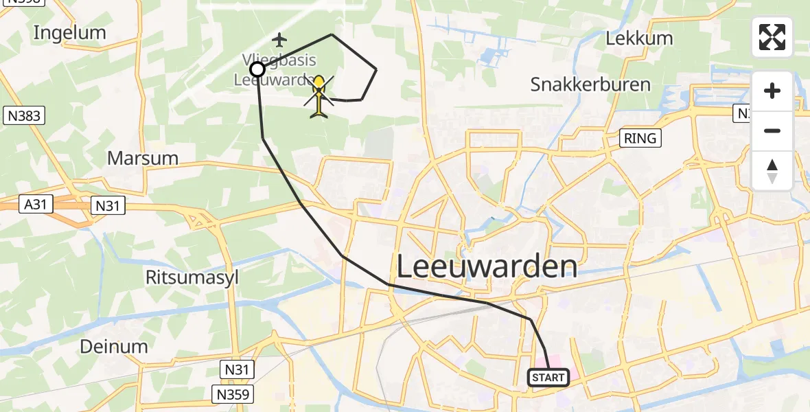 Routekaart van de vlucht: Ambulancehelikopter naar Vliegbasis Leeuwarden, Zuidersingel