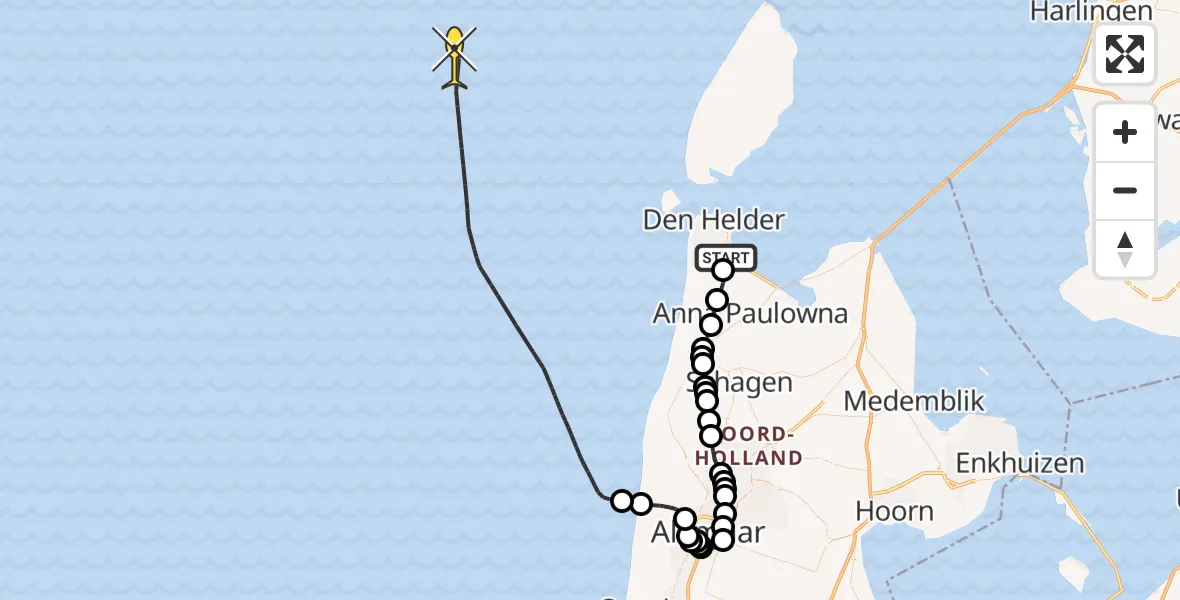 Routekaart van de vlucht: Kustwachthelikopter naar Middenvliet