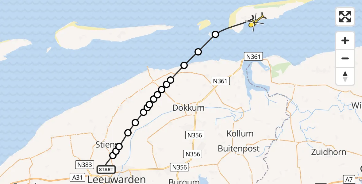 Routekaart van de vlucht: Ambulanceheli naar Schiermonnikoog, Keegsdijkje
