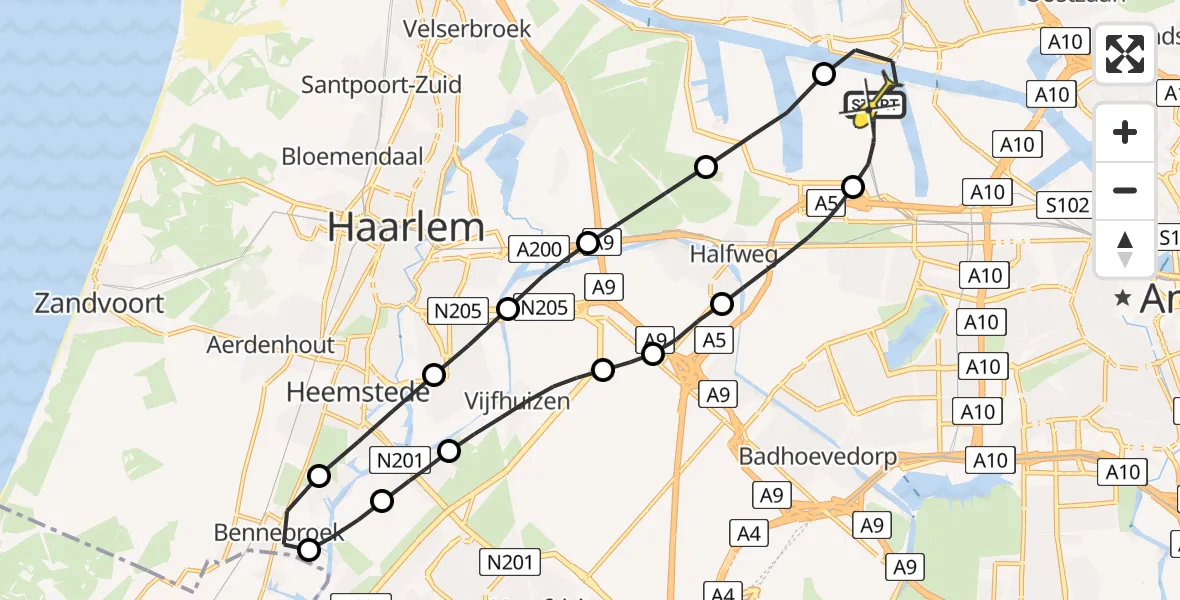Routekaart van de vlucht: Lifeliner 1 naar Amsterdam Heliport, Nieuw-Zeelandweg
