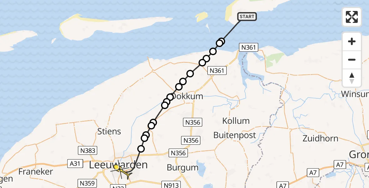 Routekaart van de vlucht: Ambulancehelikopter naar Leeuwarden, T (noord)