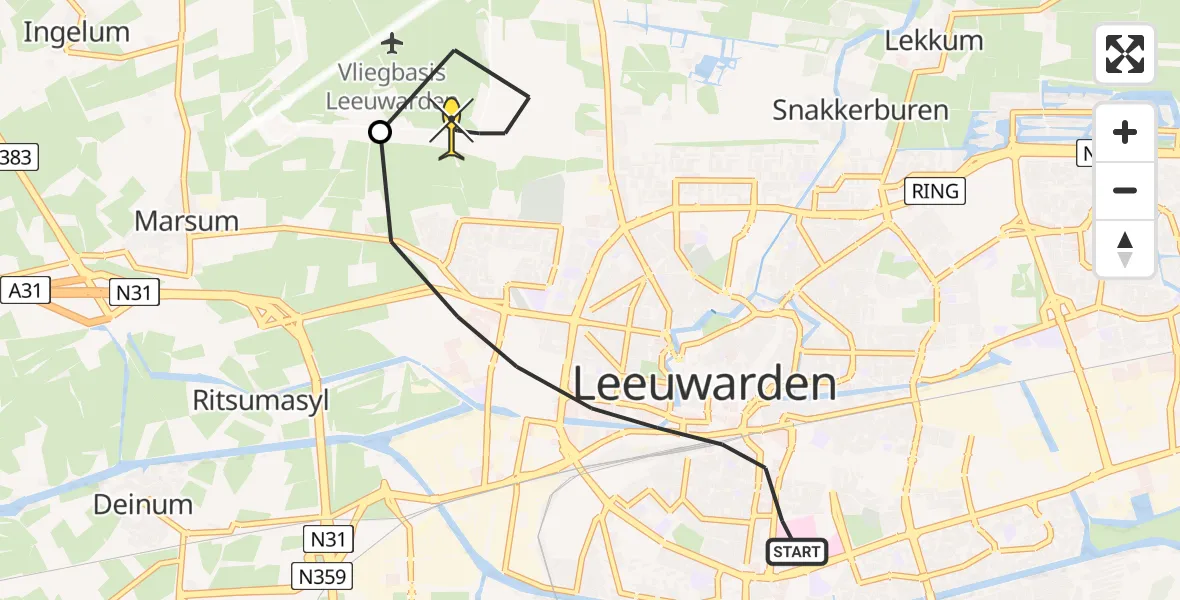 Routekaart van de vlucht: Ambulanceheli naar Vliegbasis Leeuwarden, Hollanderdijk