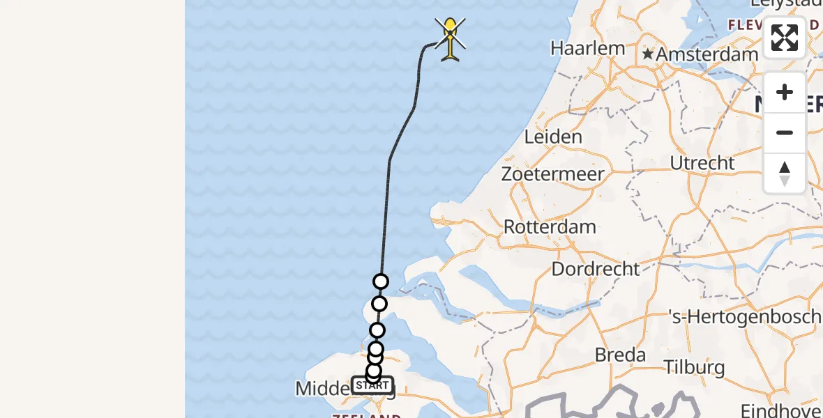 Routekaart van de vlucht: Kustwachthelikopter naar De Omloop
