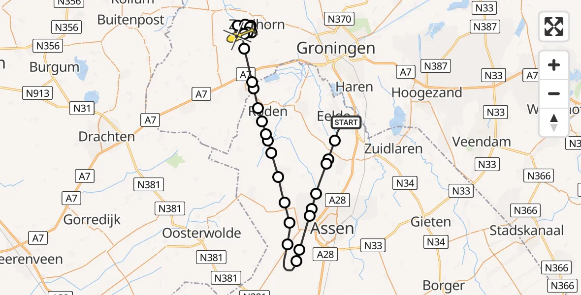 Routekaart van de vlucht: Lifeliner 4 naar Niekerk, Veldkampweg