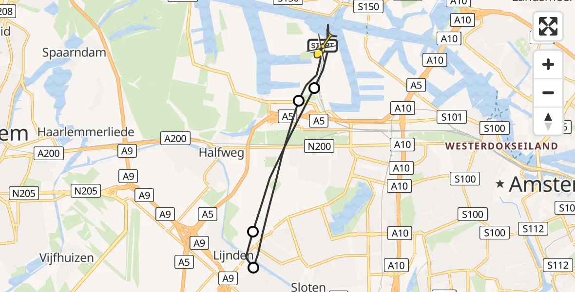 Routekaart van de vlucht: Lifeliner 1 naar Amsterdam Heliport, Nieuw-Zeelandweg