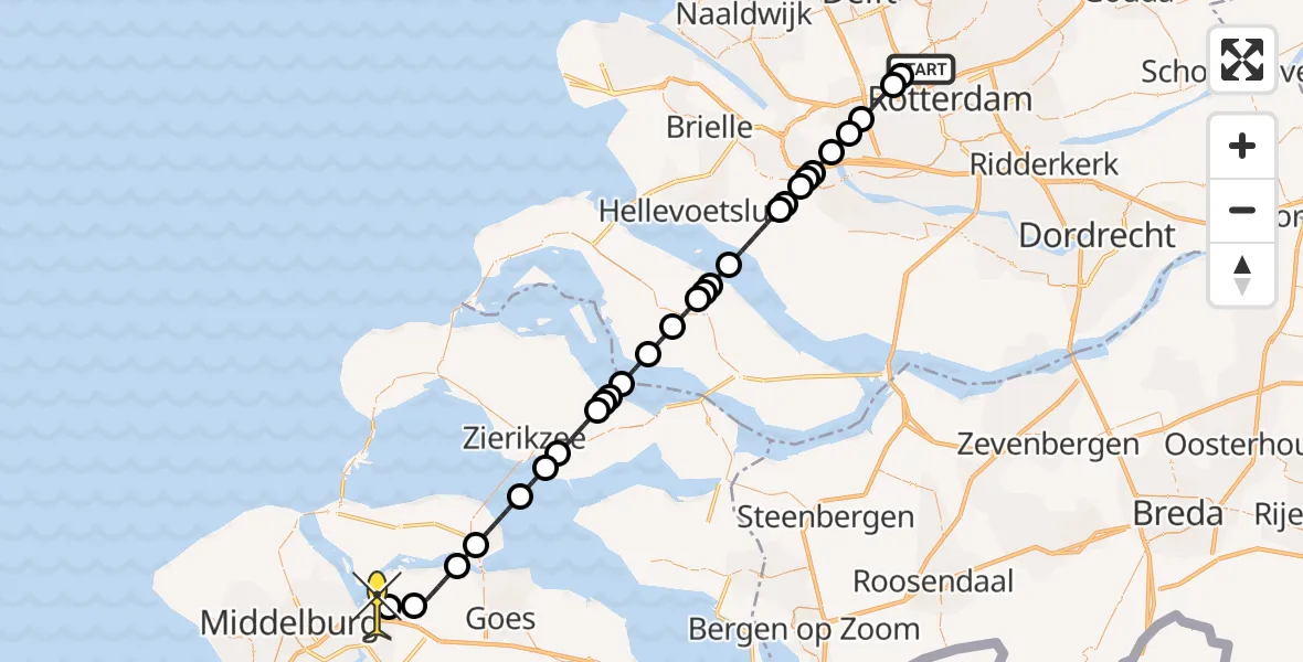 Routekaart van de vlucht: Kustwachthelikopter naar Vliegveld Midden-Zeeland, Arlandabaan Platformzijde