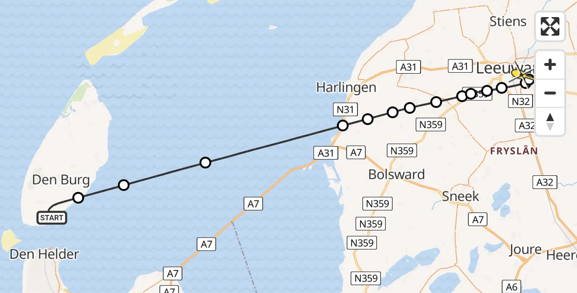 Routekaart van de vlucht: Ambulanceheli naar Leeuwarden, Hoornder Nieuwland