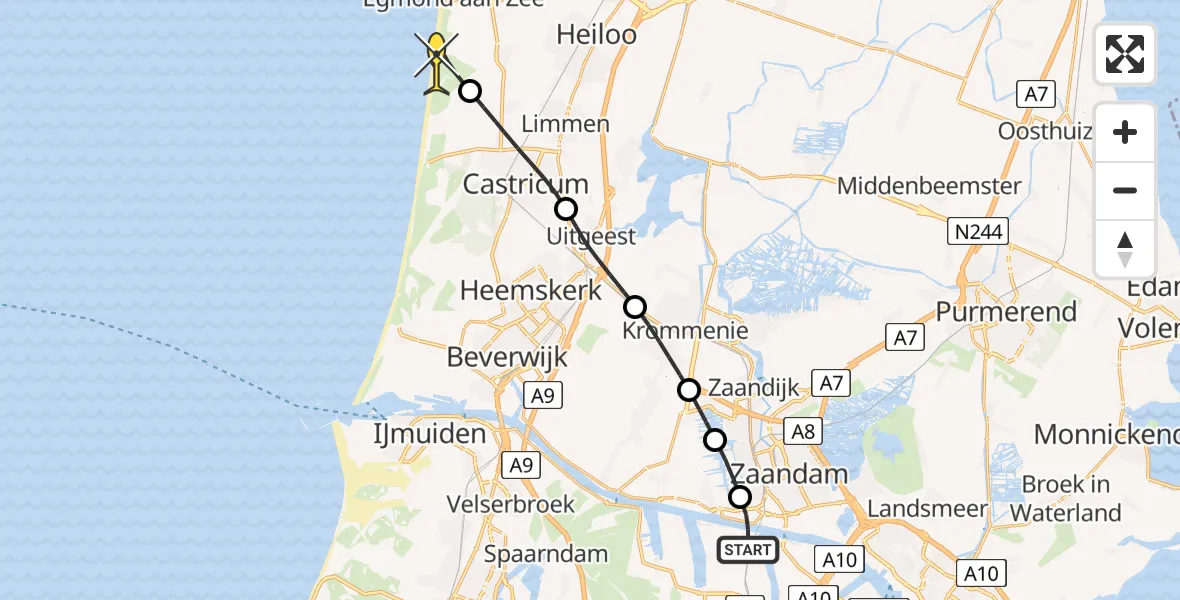 Routekaart van de vlucht: Lifeliner 1 naar Egmond-Binnen, Albert Heijn Distributiecentrum