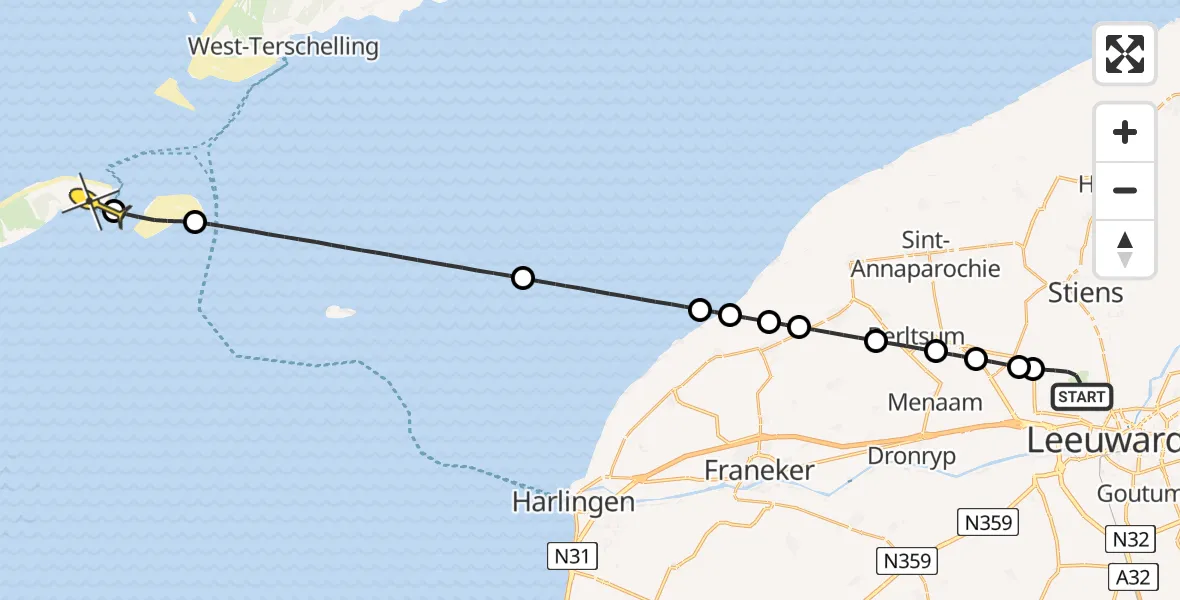 Routekaart van de vlucht: Ambulancehelikopter naar Vlieland Heliport, Keegsdijkje