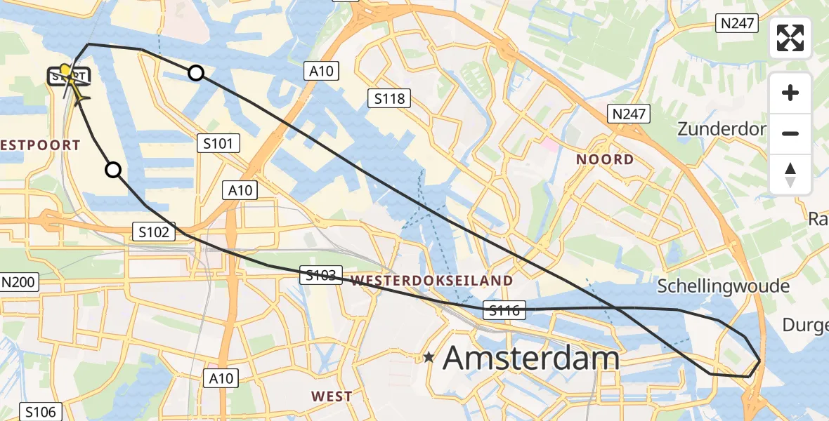 Routekaart van de vlucht: Lifeliner 1 naar Amsterdam Heliport, Hemweg