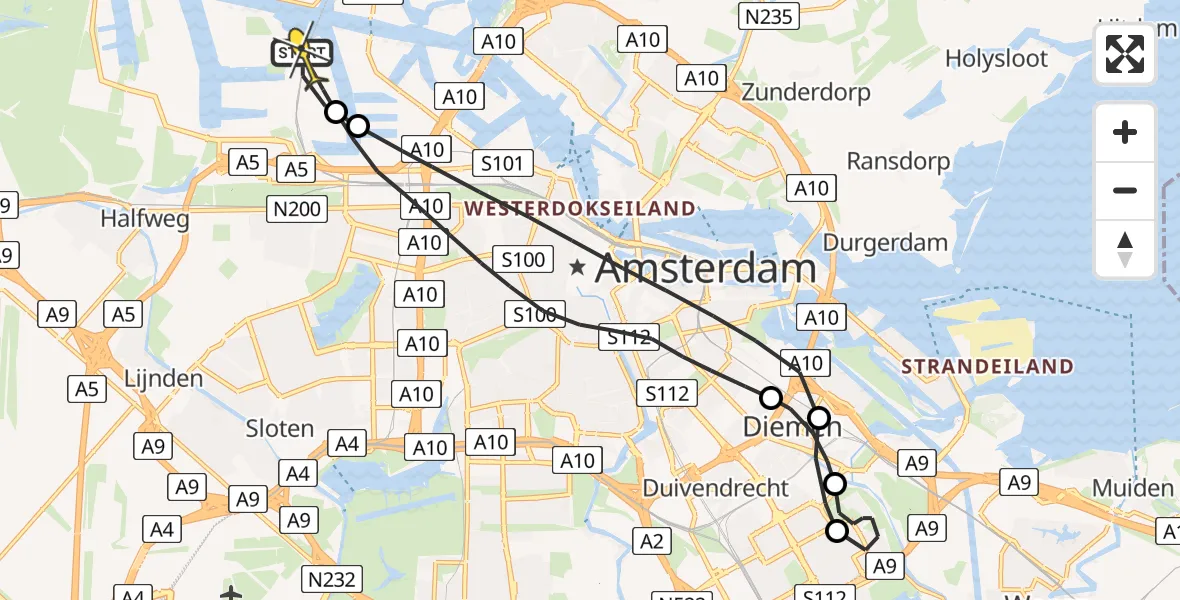Routekaart van de vlucht: Lifeliner 1 naar Amsterdam Heliport, Corsicaweg