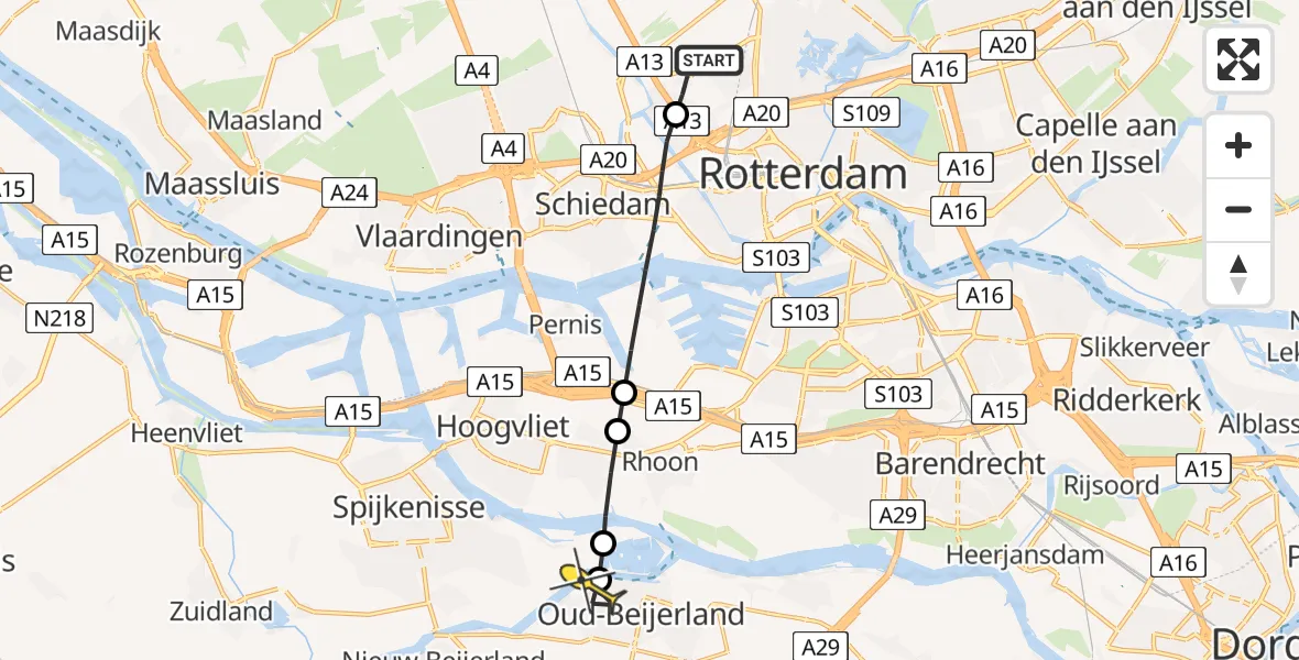 Routekaart van de vlucht: Lifeliner 2 naar Oud-Beijerland, Achterdijk