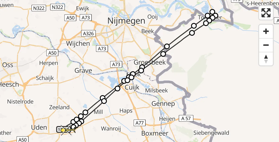 Routekaart van de vlucht: Lifeliner 3 naar Vliegbasis Volkel, Zeelandsedijk
