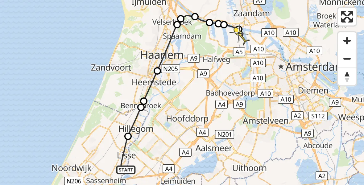 Routekaart van de vlucht: Lifeliner 1 naar Amsterdam Heliport, 't Lange Rack