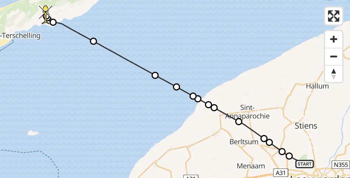 Routekaart van de vlucht: Ambulancehelikopter naar Midsland, Keegsdijkje