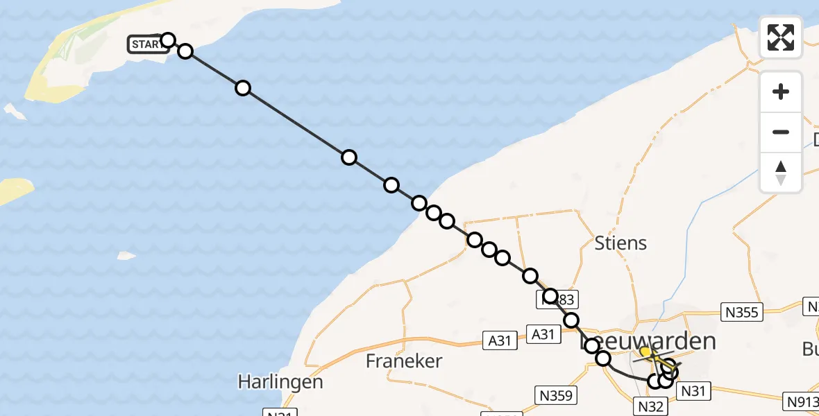 Routekaart van de vlucht: Ambulanceheli naar Leeuwarden, Noordlandweg