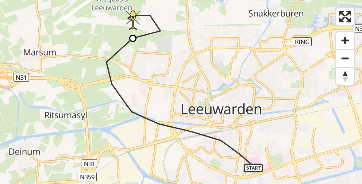 Routekaart van de vlucht: Ambulanceheli naar Vliegbasis Leeuwarden, Nieuwe Hollanderdijk