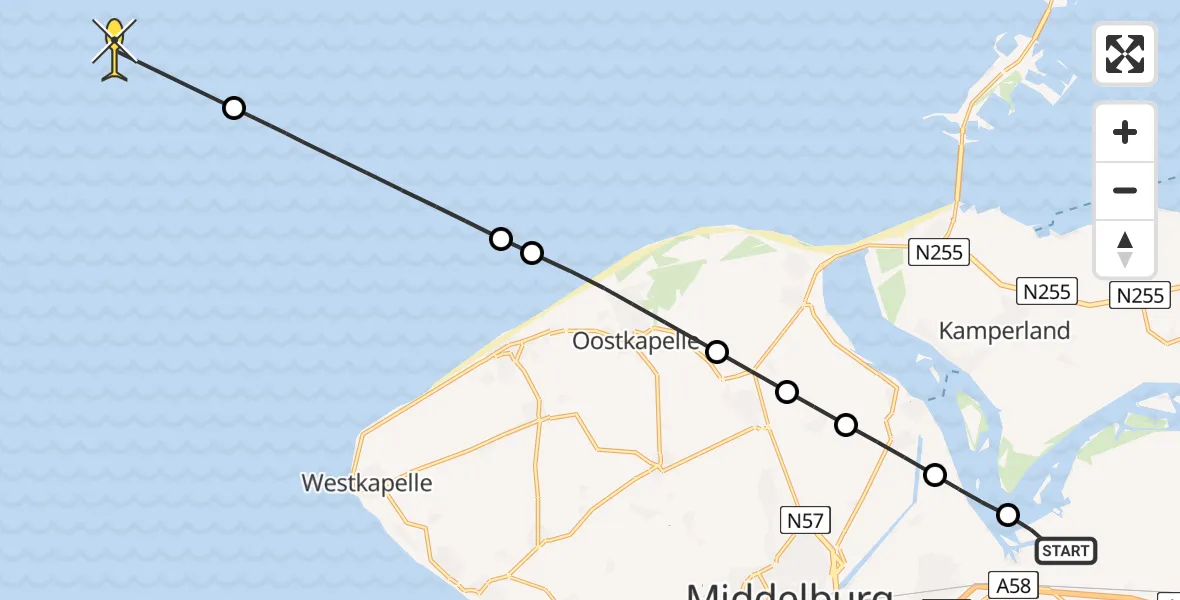 Routekaart van de vlucht: Kustwachthelikopter naar Lamsoor