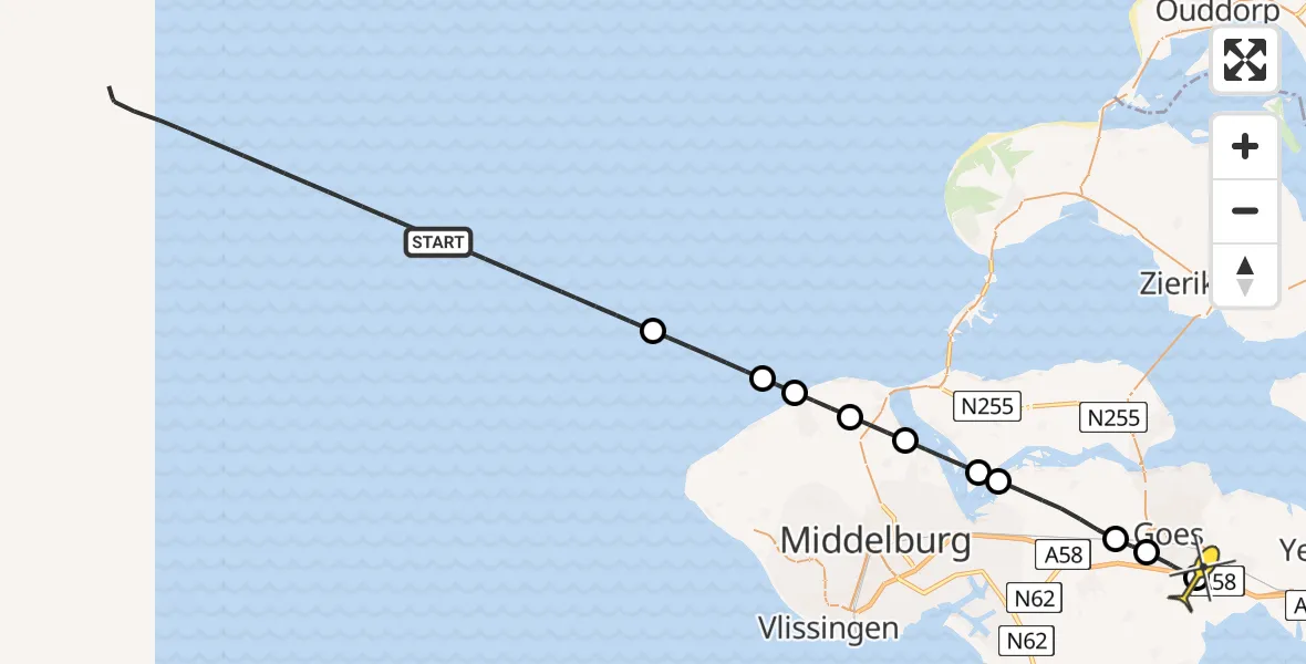 Routekaart van de vlucht: Kustwachthelikopter naar Kloetinge, Rijksweg
