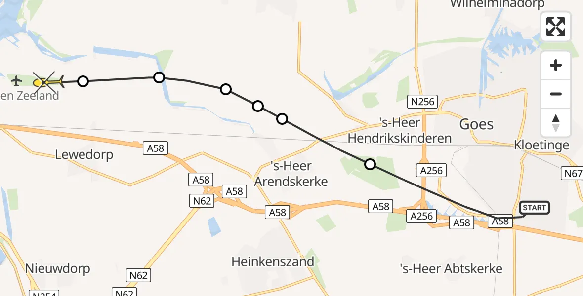 Routekaart van de vlucht: Kustwachthelikopter naar Vliegveld Midden-Zeeland, Mercatorplein
