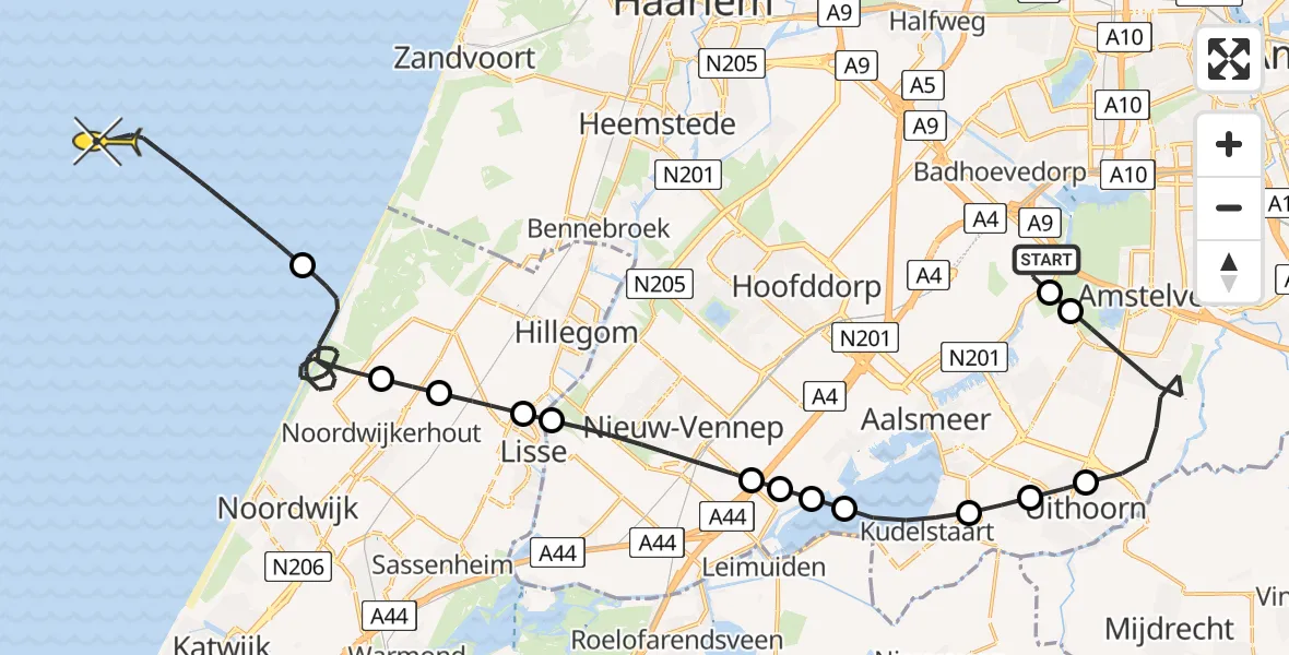 Vluchtroute Politiehelikopter van Schiphol naar 