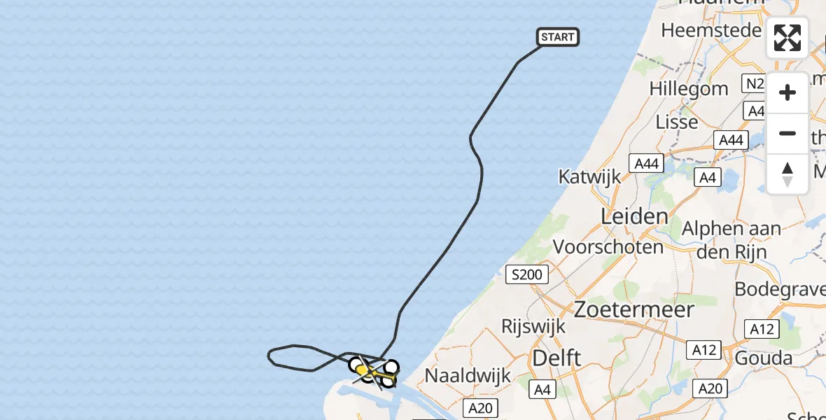 Routekaart van de vlucht: Politiehelikopter naar Hoek van Holland, Maasgeul