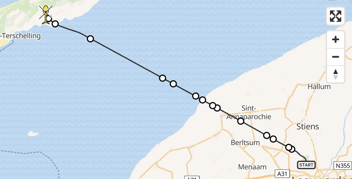 Routekaart van de vlucht: Ambulanceheli naar Midsland, Buitengebied Noordwest