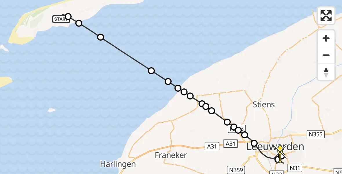 Routekaart van de vlucht: Ambulancehelikopter naar Leeuwarden, Midslander Hoofdweg
