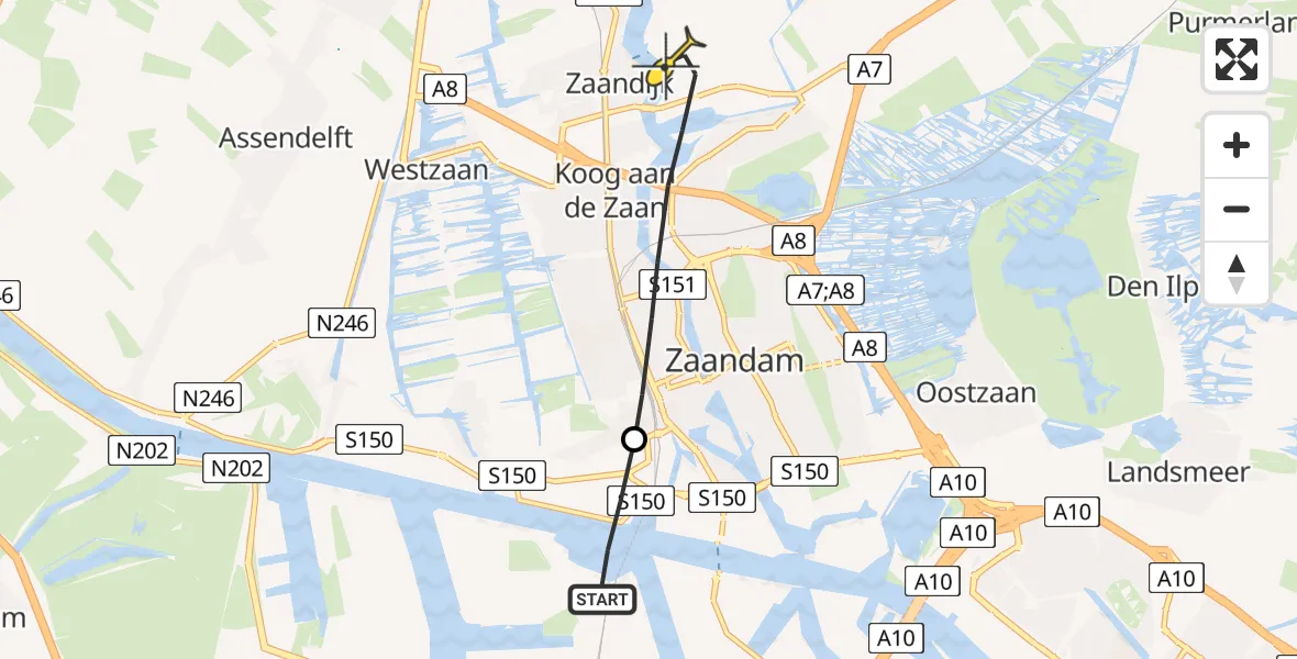 Routekaart van de vlucht: Lifeliner 1 naar Zaandam, Grote Tocht