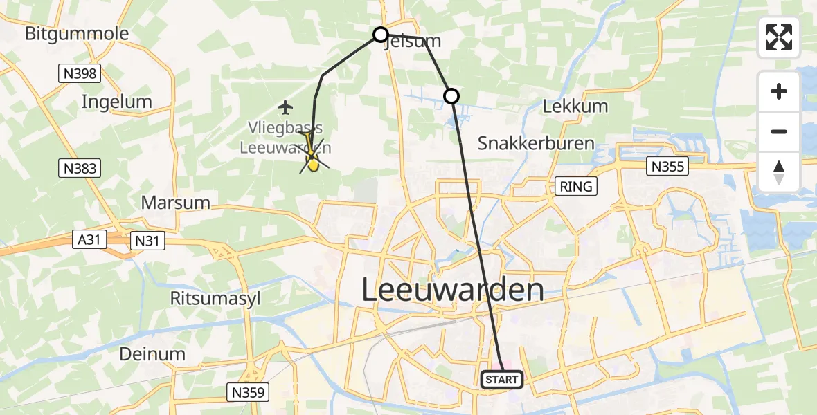 Routekaart van de vlucht: Ambulancehelikopter naar Vliegbasis Leeuwarden, Aldlânsdyk