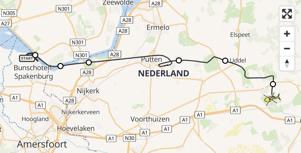 Routekaart van de vlucht: Politiehelikopter naar Hoog Soeren, Westdijk