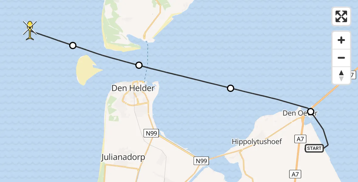 Routekaart van de vlucht: Kustwachthelikopter naar Oosterkwelweg