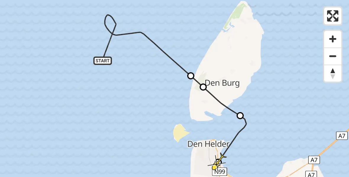 Routekaart van de vlucht: Kustwachthelikopter naar Vliegveld De Kooy, Doggersvaart
