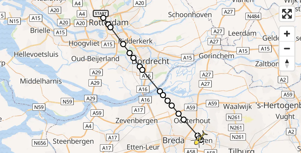 Routekaart van de vlucht: Lifeliner 2 naar Dorst, Zestienhoven