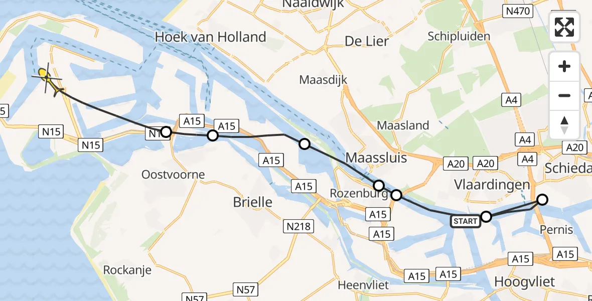 Routekaart van de vlucht: Politieheli naar Maasvlakte, Wiltonhaven