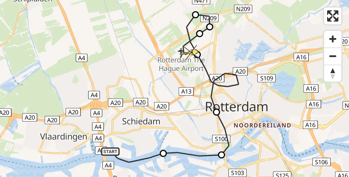 Routekaart van de vlucht: Politiehelikopter naar Rotterdam The Hague Airport, Nieuwe Waterwegstraat