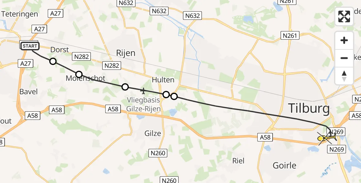 Routekaart van de vlucht: Lifeliner 3 naar Tilburg, Bavelstraat