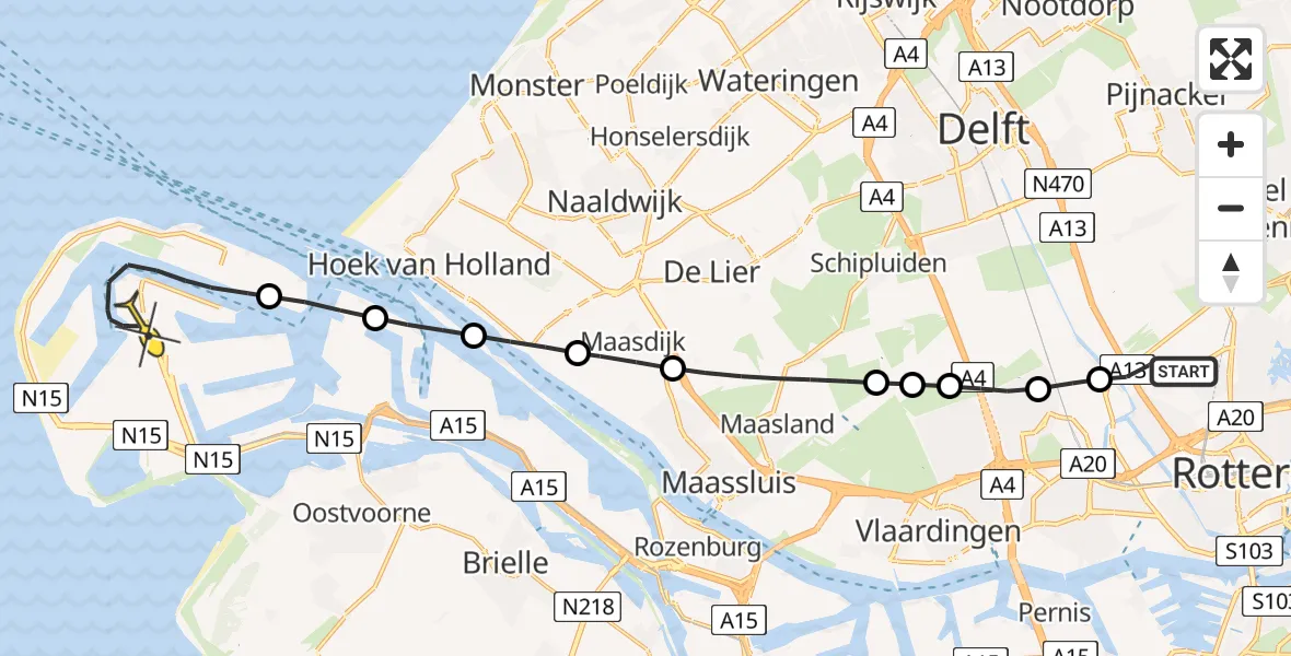 Routekaart van de vlucht: Politiehelikopter naar Maasvlakte, Pieter van Vollenhovenweg