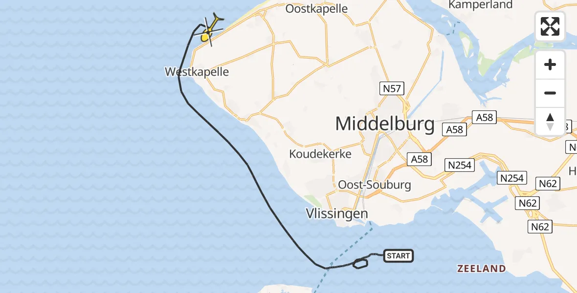 Routekaart van de vlucht: Kustwachthelikopter naar Vlissingen, Autostrand Westkapelle