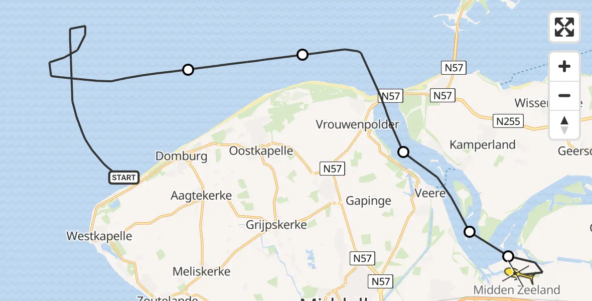 Routekaart van de vlucht: Kustwachthelikopter naar Vliegveld Midden-Zeeland, Calandweg