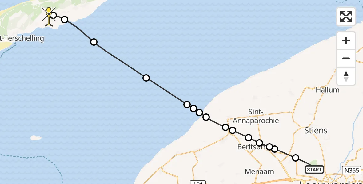 Routekaart van de vlucht: Ambulancehelikopter naar Midsland, Keegsdijkje