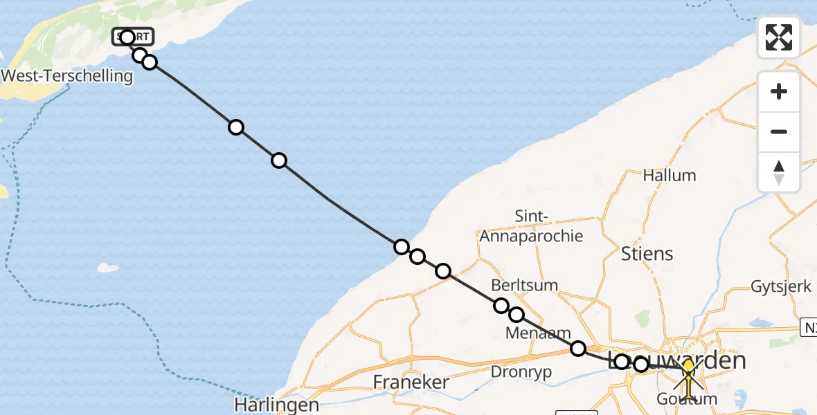 Routekaart van de vlucht: Ambulancehelikopter naar Leeuwarden, Kinnum