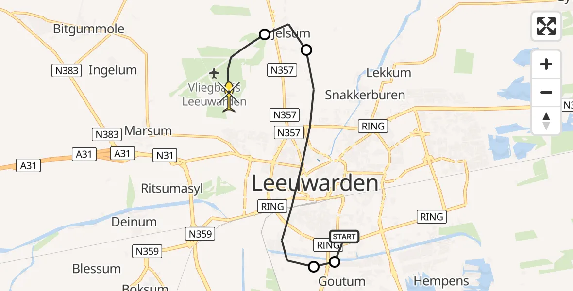 Routekaart van de vlucht: Ambulancehelikopter naar Vliegbasis Leeuwarden, Redbadwei