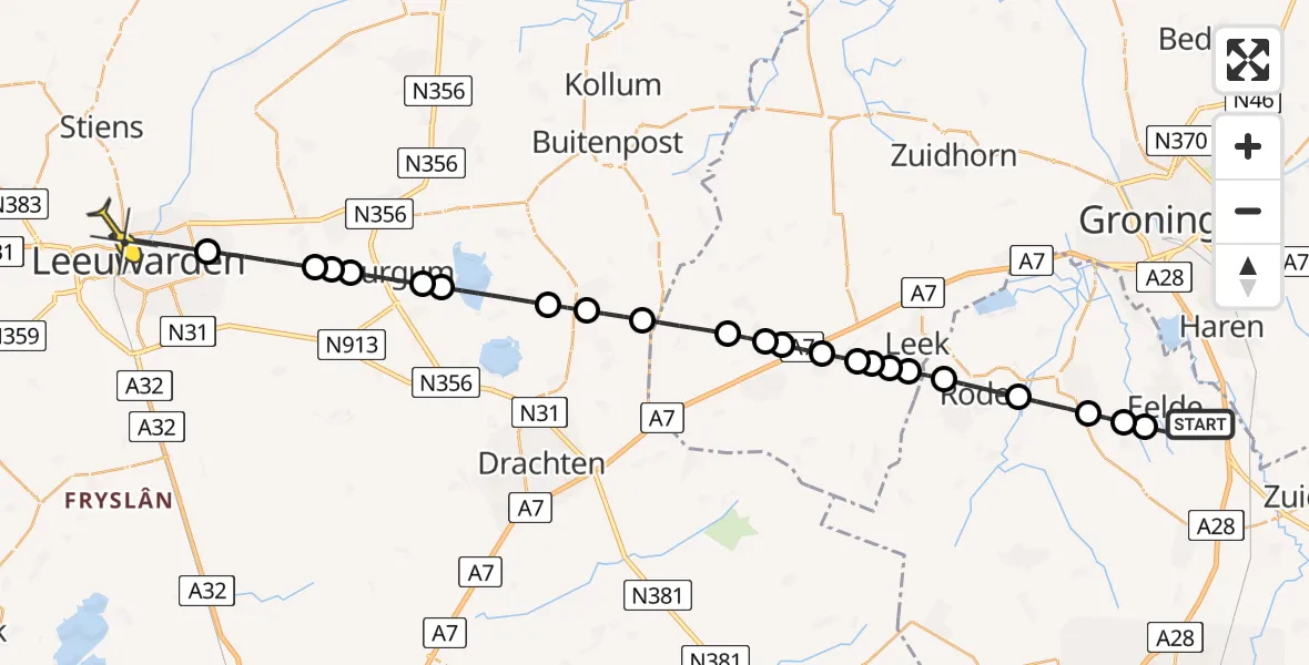 Routekaart van de vlucht: Lifeliner 4 naar Leeuwarden, Veldkampweg
