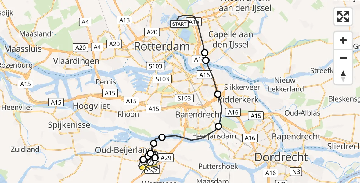 Routekaart van de vlucht: Politiehelikopter naar Mijnsheerenland, Prinses Beatrixplantsoen