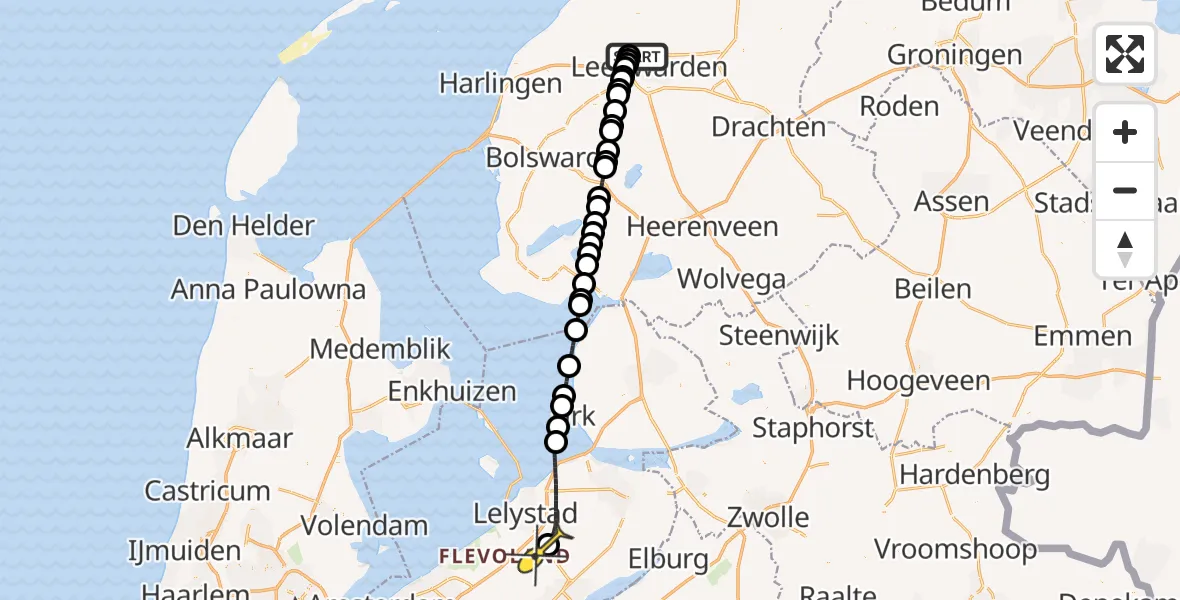 Routekaart van de vlucht: Ambulancehelikopter naar Lelystad Airport, Keegsdijkje