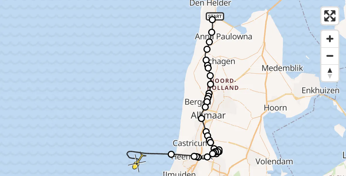 Routekaart van de vlucht: Kustwachthelikopter naar Kortevliet