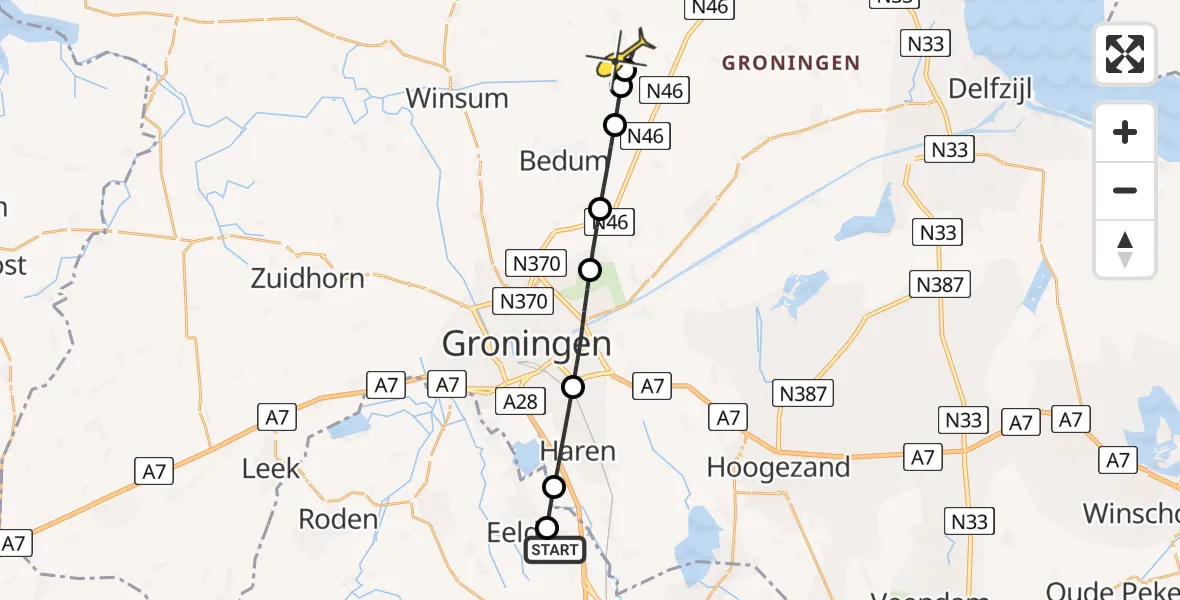 Routekaart van de vlucht: Lifeliner 4 naar Middelstum, Burgemeester J.G. Legroweg