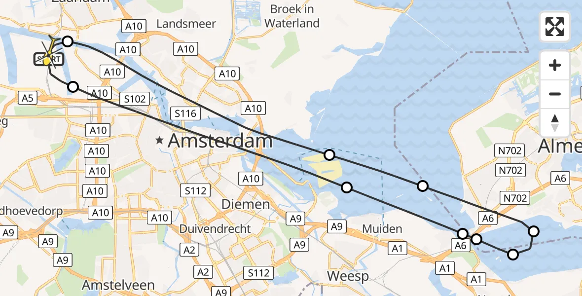 Routekaart van de vlucht: Lifeliner 1 naar Amsterdam Heliport, Corsicaweg