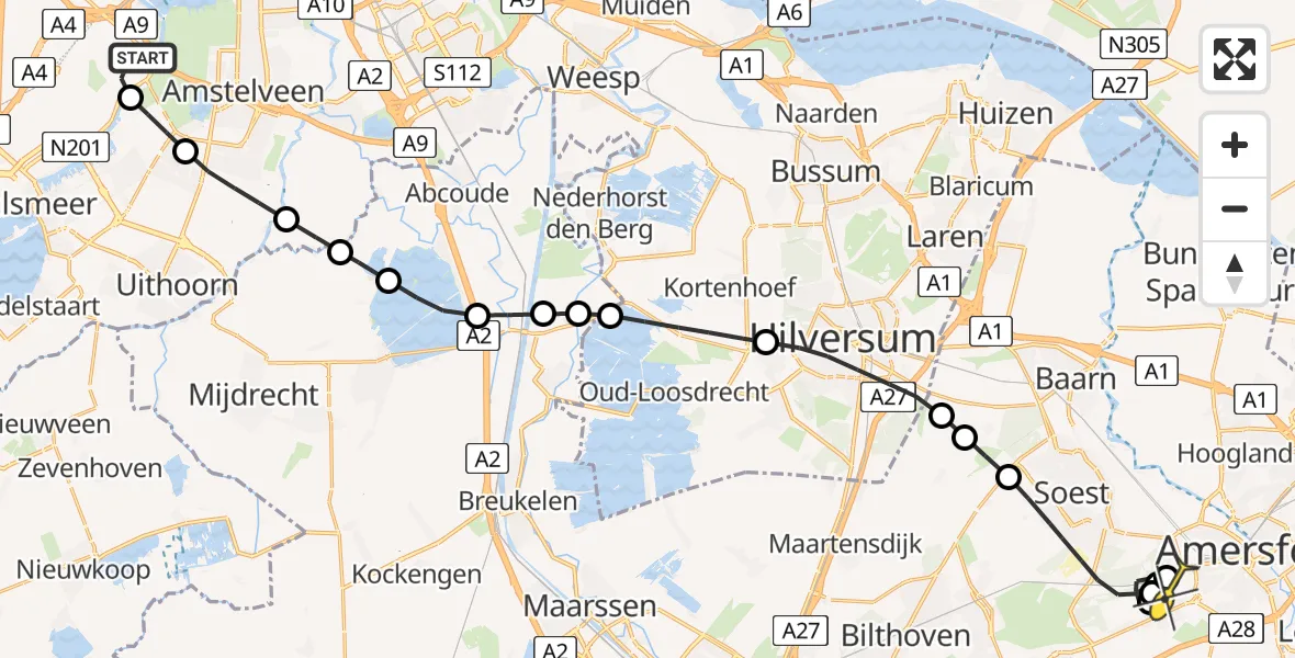 Routekaart van de vlucht: Politieheli naar Amersfoort, Amsterdam-Bataviaweg